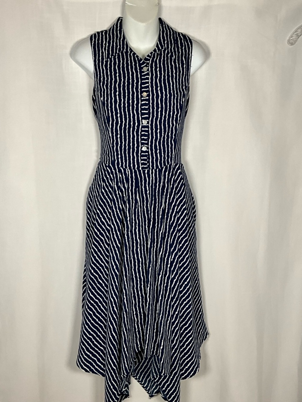 Gabby Skye Dress Size 8 Navy and White Sleeveless Stripe Handkerchief-Hem Dress